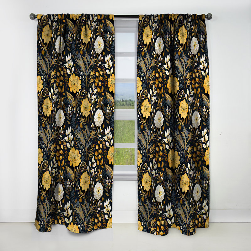 Noir et jaune Boho Botanical - rideau boho - rideau occultant abstrait - 1 panneaux, L 52 po x L 63 po