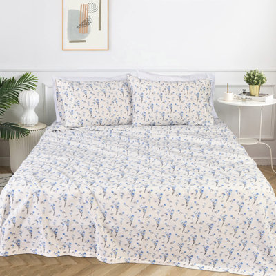 Ensemble de draps 100% coton avec poches profondes, draps en percale douillette avec ensemble de literie et de taies d'oreiller 4 pièces, bleu gris floral