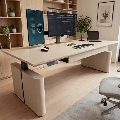 Bureau à hauteur réglable à deux moteurs avec plateau en cuir de selle, pieds en acier laminé à froid recouverts de cuir et prise de courant multifonctionnelle