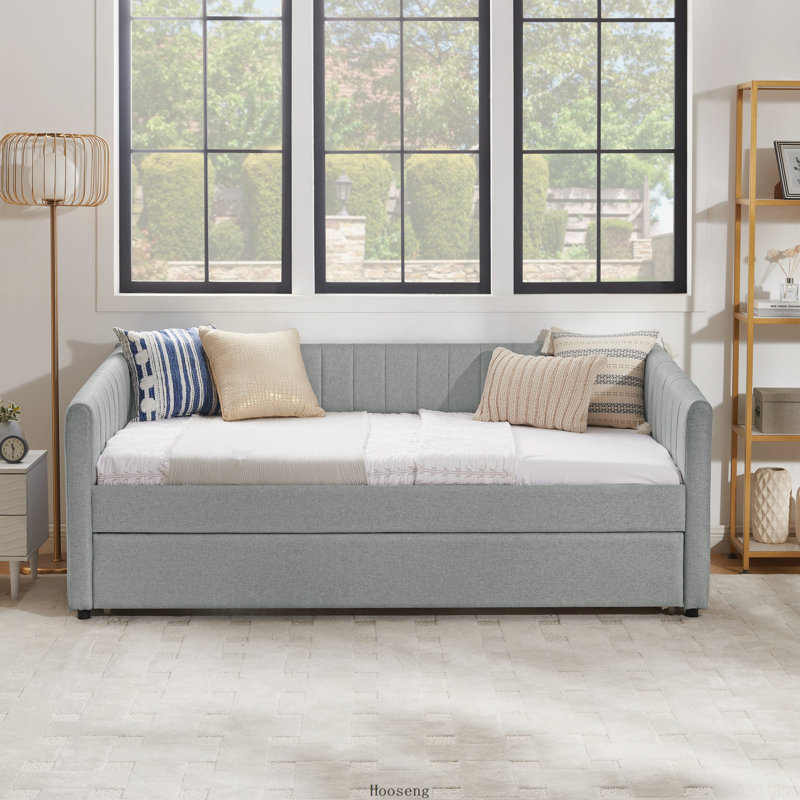 Lit de jour multifonctionnel en lin et tissu, 2 tiroirs de rangement, rayures verticales et lit gigogne, beige., Grand lit