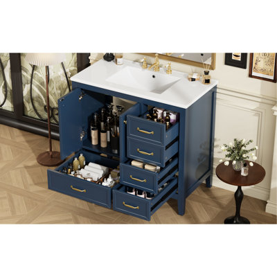 Meuble-lavabo bleu de 36 po avec lavabo en céramique lisse, structure et pieds en bois massif, tiroirs, pour une installation facile de la plomberie, solution de rangement multiple de 36 po avec cadre en pin teinté, armoire sous l'évier, tiroir