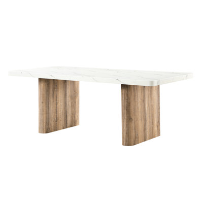 Table de salle à manger de style classique avec finition naturelle, double pied central, plateau effet marbre, 6 couverts, structure en bois massif, forme en H, profondeur 208 cm, largeur 99 cm, hauteur 76 cm, poids 78,5 kg.