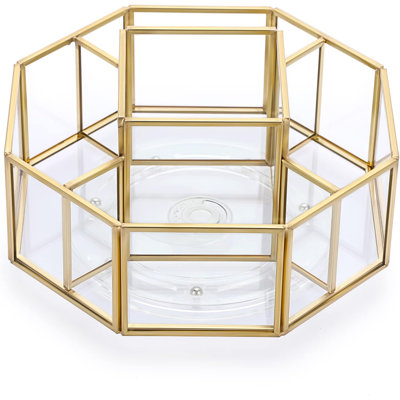 360 Degree Rotating Glass Makeup Organizer With Gold Metal Frame - 5-Slot Octagon Cosmetic Storage Display Holder For Makeup Brushes, Lipsticks, Perfume, Vanity Dresser And Bathroom