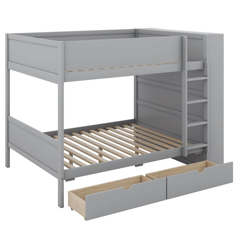 Lit superposé double au-dessus de double avec tablettes de rangement, structure de lit superposé en bois avec 2 tiroirs et armoire à couches multiples