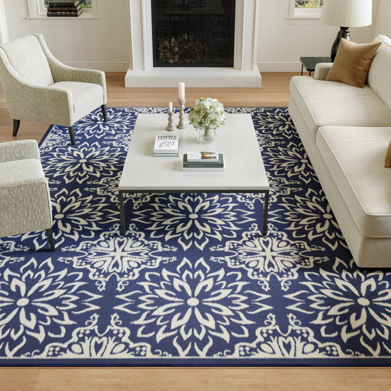 Tapis floral bleu marine / ivoire Chua, Rectangle 6 pi x 9 pi