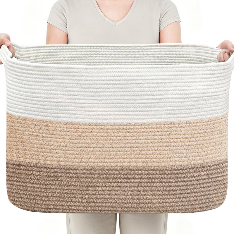 Ebern Designs 16" Tall Cotton Rope Storage Basket - 62L Large Woven Laundry Hamper for Blankets, Toys & Nursery, Foldable Decorative Bin with Reinforced Handles