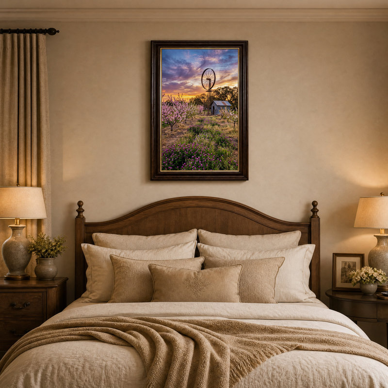 «Rustic Windmill and Blossoming Trees at Sunset», art mural sur toile, H 18 po x l 12 po