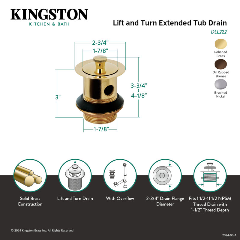 Drain de baignoire avec trop-plein Kingston, Laiton poli