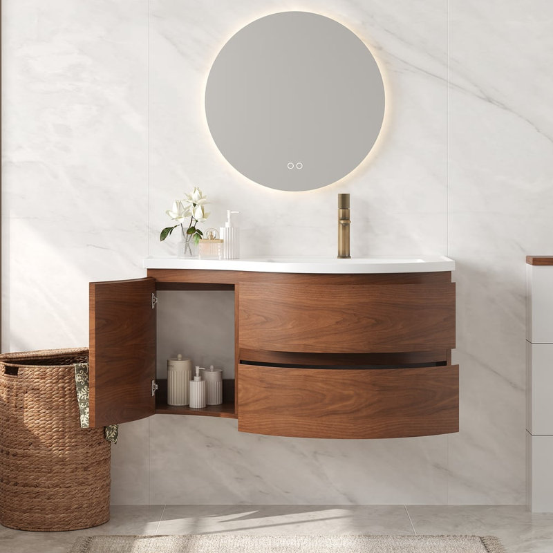 Meuble-lavabo mural incurvé gris de 35 po avec comptoir en résine de pierre, lavabo encastré et robinet monotrou, Oui, Gris