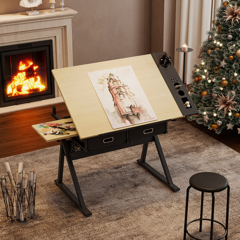 Bureau de dessin réglable avec tabouret et 2 tiroirs pour le bureau personnel, Érable / noir