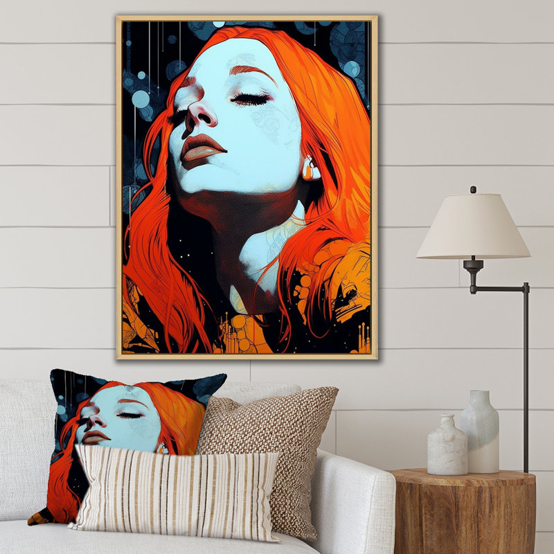 Illustration rétro d'une belle rousse rêveuse, H 20 po x l 12 po x P 1 po, Cadre naturel flottant