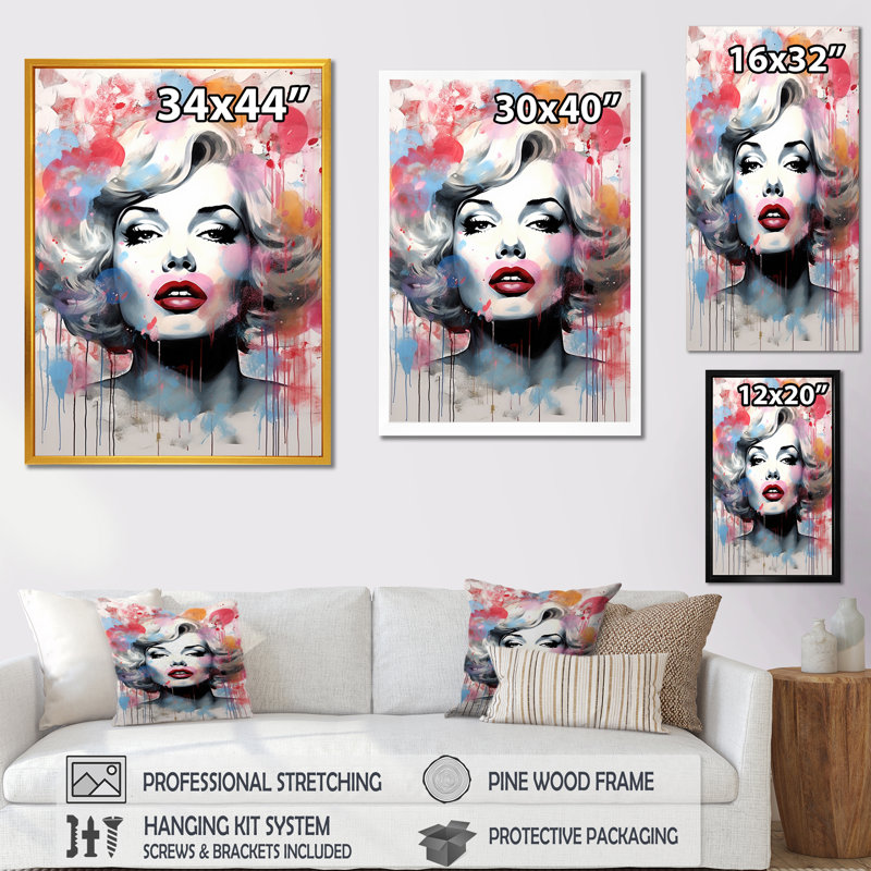 Pop Art, portrait de Marilyn Manroe rose - femme, art mural Pop Art, Cadre doré simple, H 44 po x l 34 po x P 1,5 po