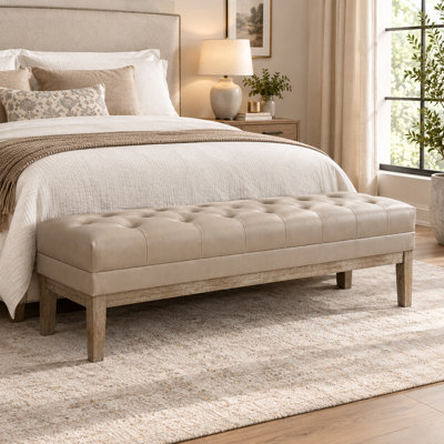 Banc de lit capitonné de 160 cm, pouf en similicuir avec pieds en hévéa, repose-pieds rembourré pour chambre, entrée ou salon.