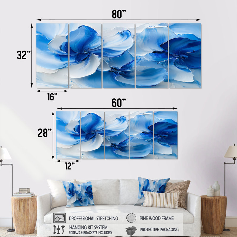 Océan bleu pétale géométrie délicate pétales de fleurs - art mural fleurs - toile d'art moderne, H 28 po x l 60 po, 5