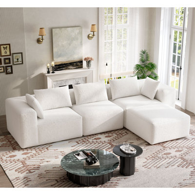 103" Boneless Sectional Couch Modular Sofa, Deep Seat Faux Fur Cloud Couches For Living Room, L-Shaped Couch With Movable Ottoman, No Assembly Required
