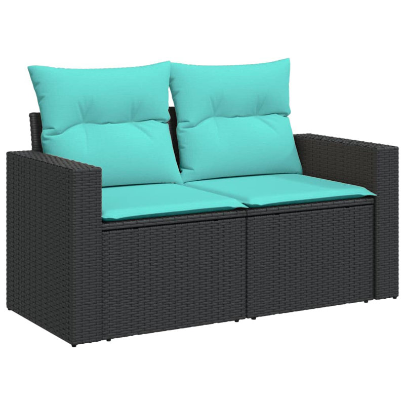 Ebern Designs Patio Sofa With Cushions 2-Seater Black Poly Rattan, Teal Cushion/ Black Frame