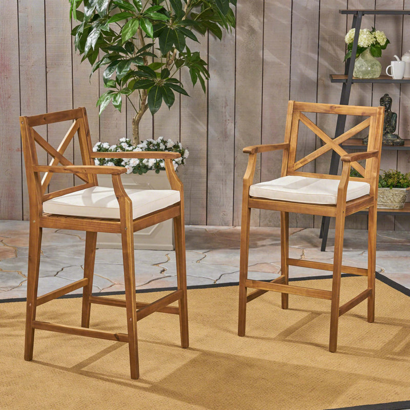 Acacia Wood Barstools with Cross-Back Design – Set of 2 for Outdoor Bar or Dining, Cream, Natural, Brown