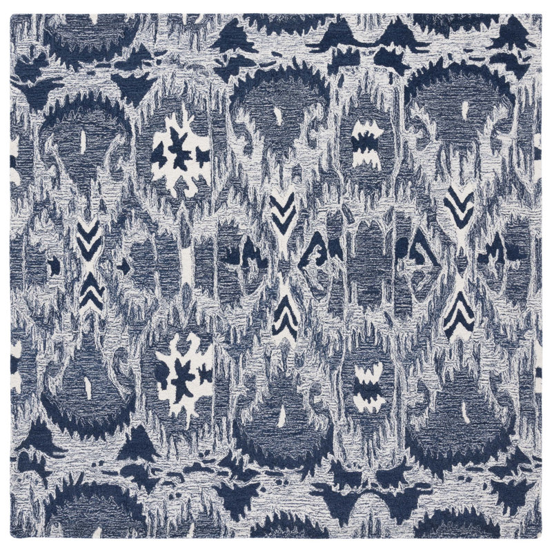 Ikat Hand Tufted Wool/Cotton Ikat Rug in Ivory/Blue, Square 6'