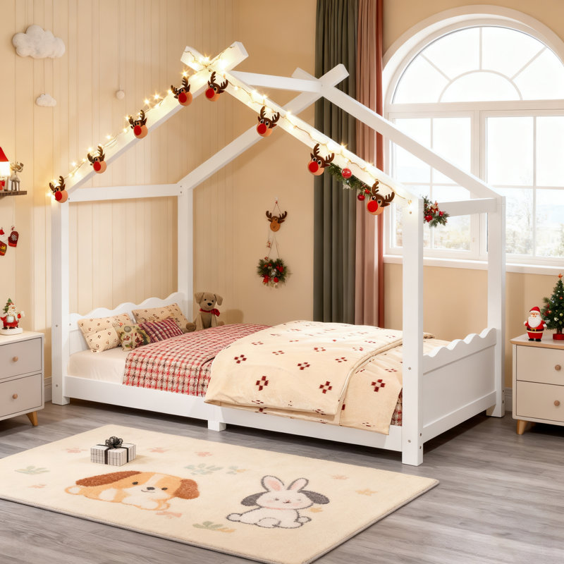 Lit de maison avec lattes de soutien, structure en bois massif pour enfants, aucun sommier requis, assemblage facile
