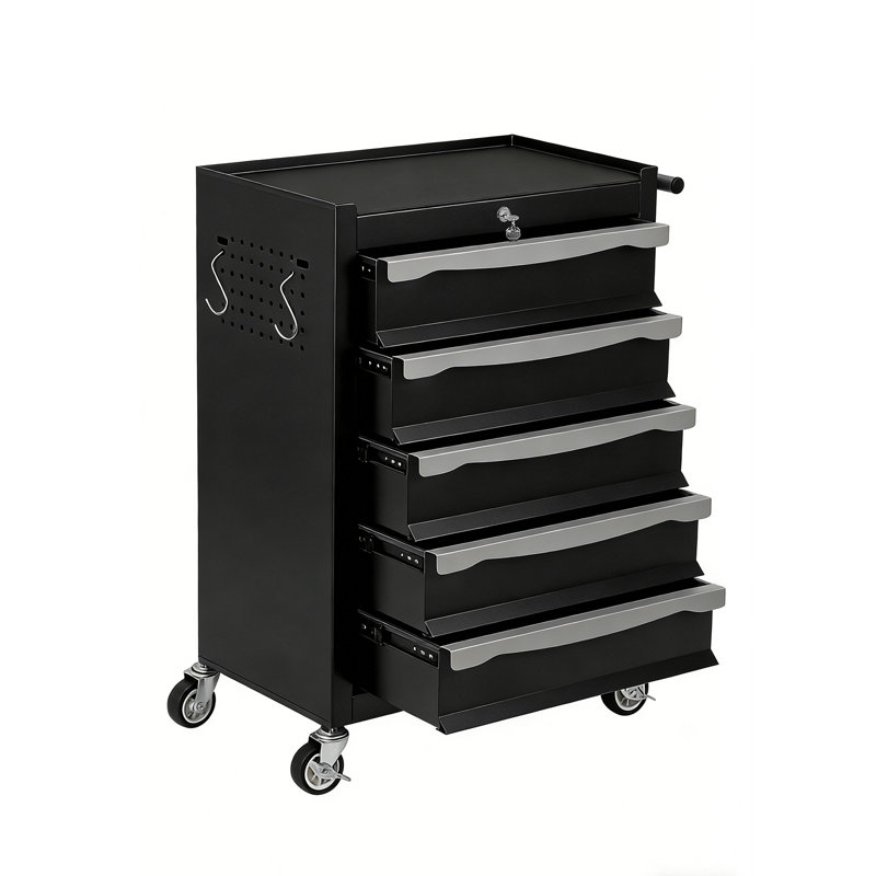 Coffre à outils roulant à 5 tiroirs avec serrure, boîte à outils modulaire robuste en acier, armoire de rangement mobile de grande capacité avec tiroir