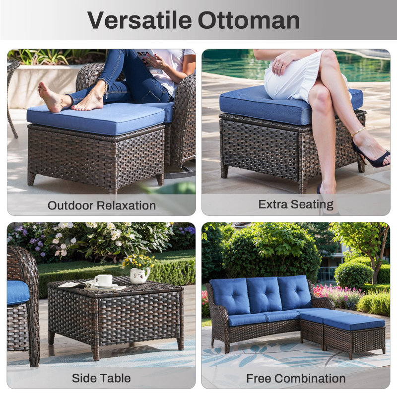 7 - Person Luxury Wicker Patio Furniture Set With Coffee Table & 6-Inch Extra-Thick Cushion Swivel Chairs, Side Table, Blue