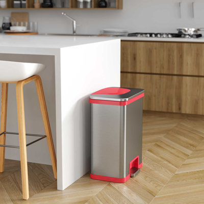 iTouchless 13 Gallon Automatic Step Sensor Trash Can with Odor Control System, Stainless Steel Kitchen Pedal Touchless Garbage Bin, Powered by Batteries or AC Adapter (not Included), Autostep, Red