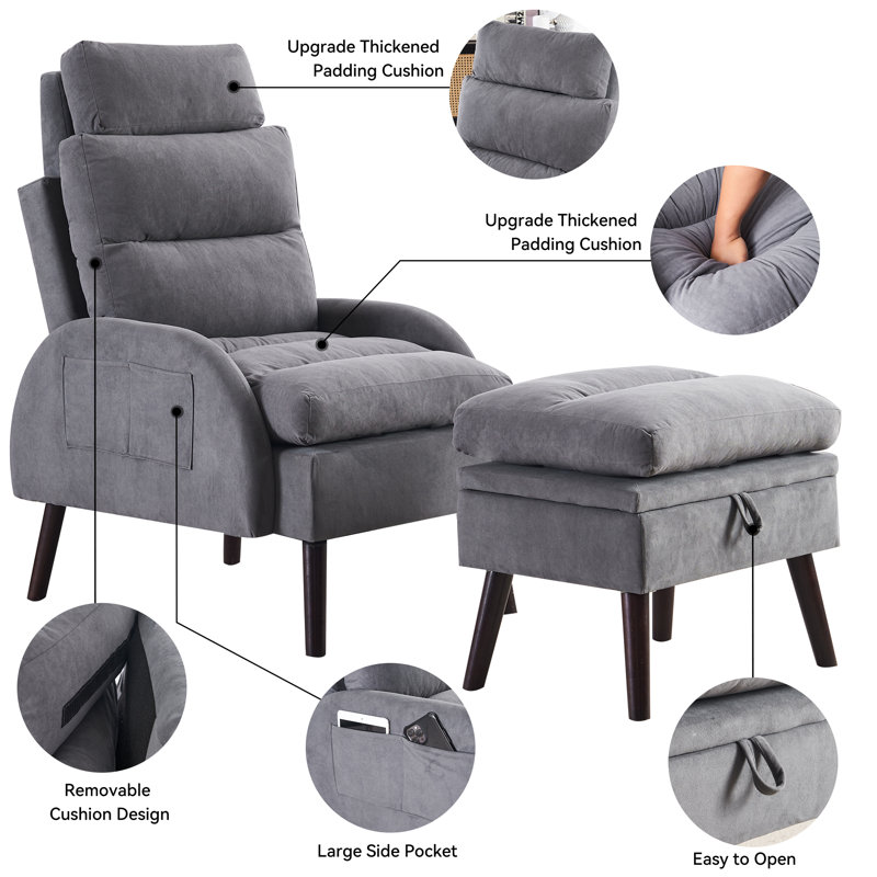Fauteuil d'appoint et repose-pieds à dossier réglable Jonilda, Velours gris foncé