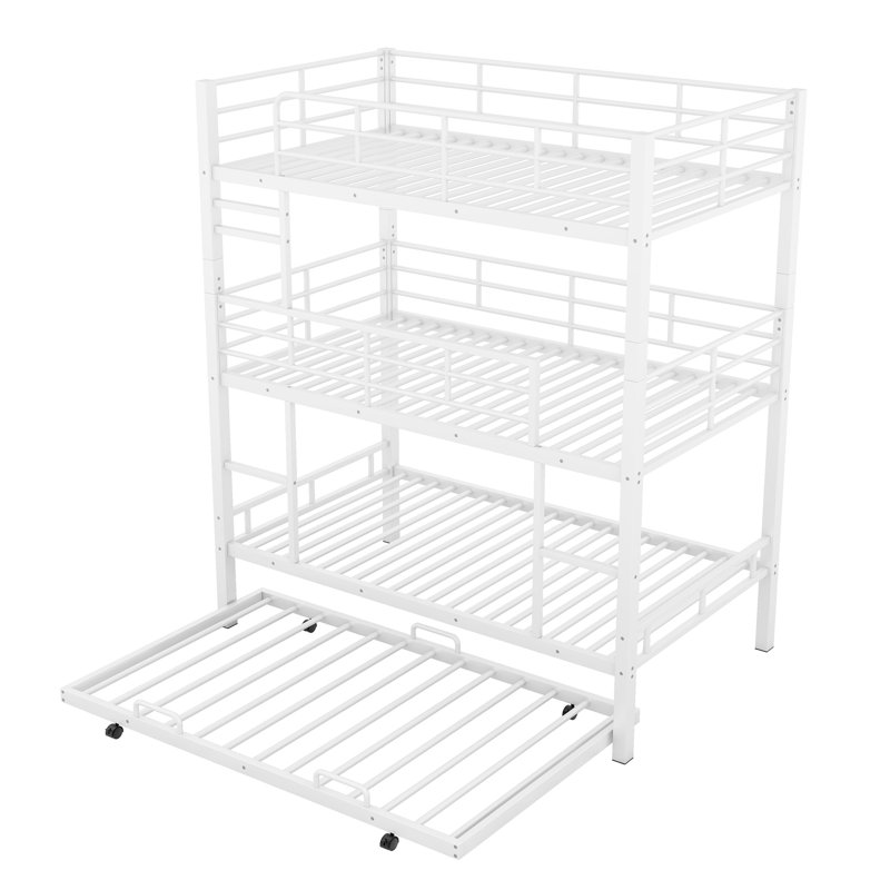 Metal Twin Triple Bunk Bed With Trundle, White