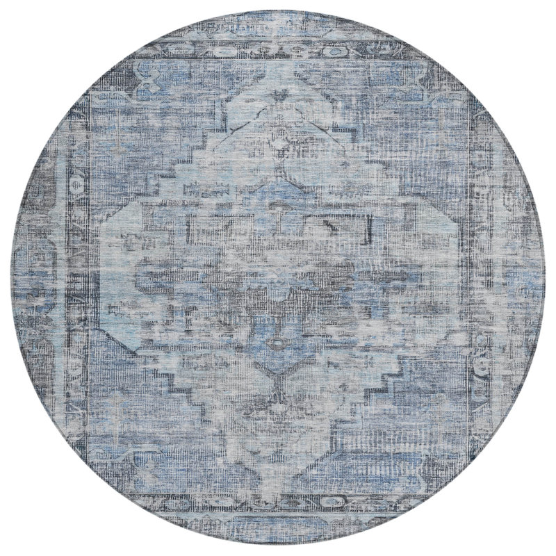 Machine Washable Indoor/Outdoor Xhevrie Blue Rug, Round 8'
