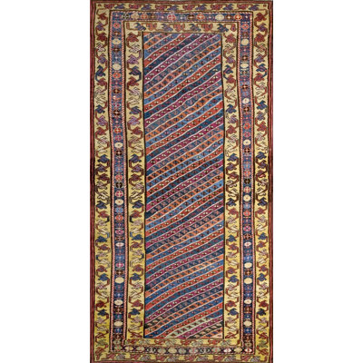 Tribal Geometric Striped Antique Caucasian Karabagh Knotted Rug