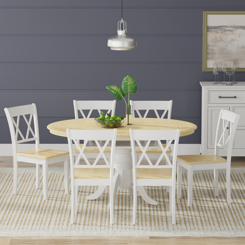 Uman Solid Wood Top Pedestal Dining Set, White/Natural, Natural/White, 7 Piece Dining Set