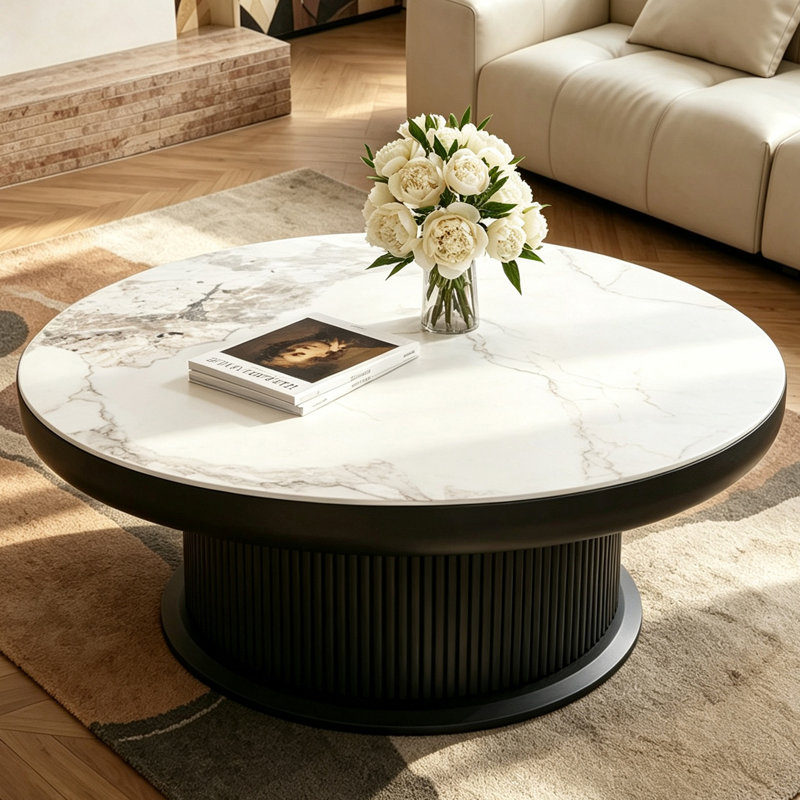 Table basse moderne, table ronde de 89 cm avec dessus en pierre et piètement noir, table centrale pour la décoration intérieure