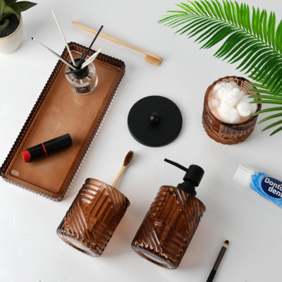 Bathroom Accessories Set,4 Pcs Amber Glass Bathroom Accessories Sets Complete With Lotion Soap Dispenser,Toothbrush Holder,Qtip Holder Dispenser And Vanity Tray,Bathroom Countertop Vanity Organizer