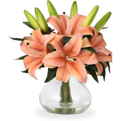Paquet de 6 fleurs artificielles en soie artificielle avec vase en verre Takywep