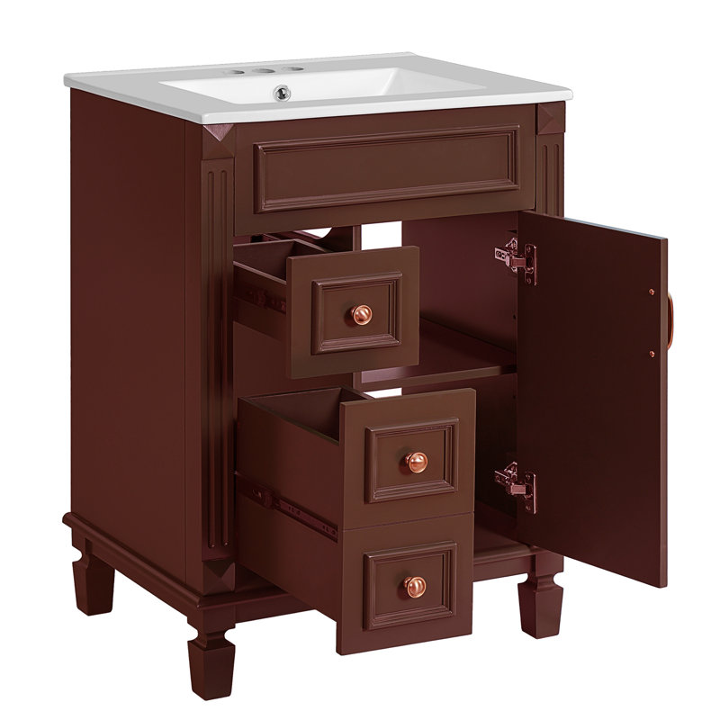 24" Vanity With Ceramic Sink For Bathroom, Wine Red