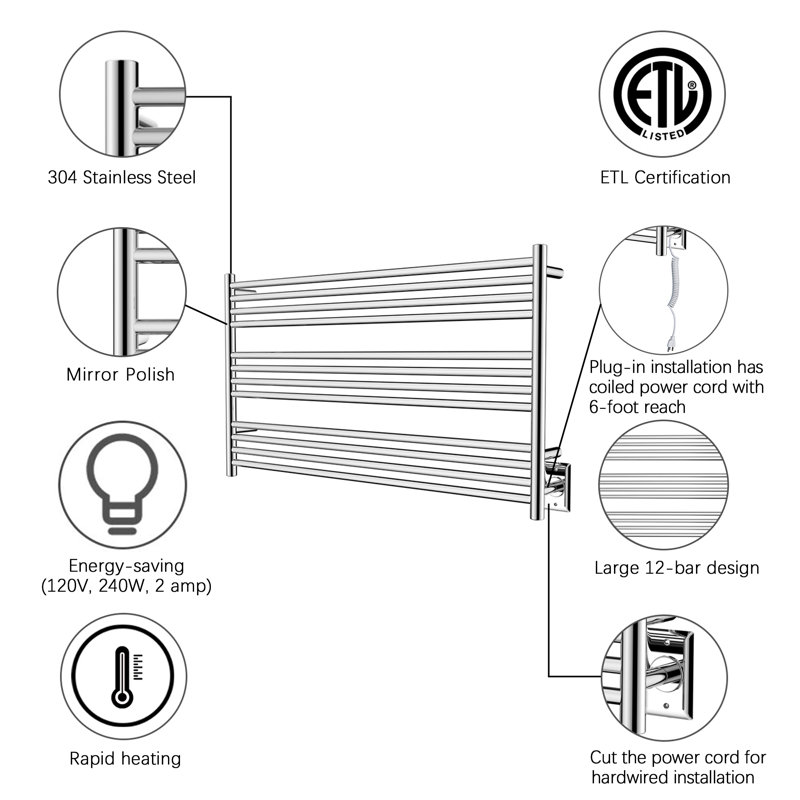 Chauffe-serviettes électrique mural 12 barres, Acier inoxydable miroitant