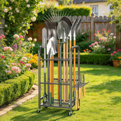 Rangement pour outils de jardin avec roues verrouillables, support de rangement portable pour outils de garage et remise, support à roulettes compact pour râteaux