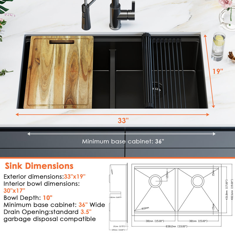 33" True Black Double Bowl Workstation Kitchen Sink W/ Pull Out Faucet 16 Gauge Stainless Steel Undermount Sink W/ Accessories