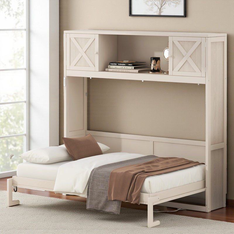 Full Size Murphy Bed With Storage, Beige