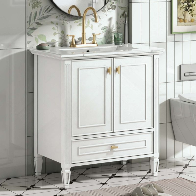 Meuble-lavabo de salle de bain avec lavabo, meuble-lavabo autoportant avec 1 tiroir et 2 portes à fermeture en douceur avec rangement fixé à la porte, structure et pieds en bois massif, un paquet