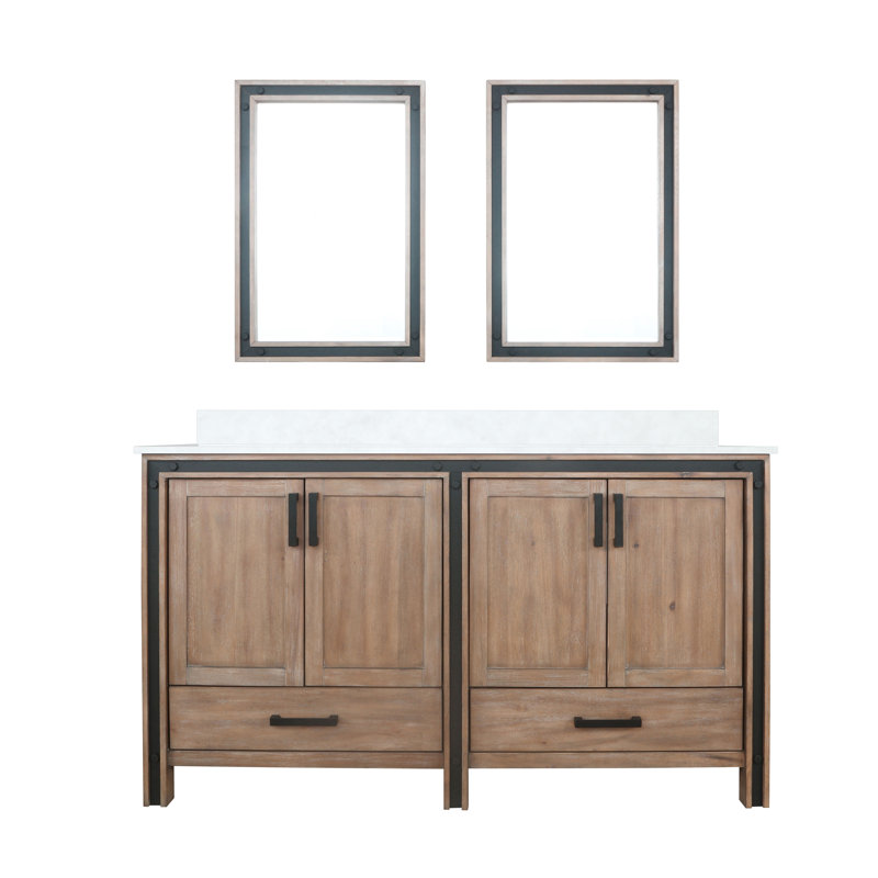 Ziva 60 in W x 22 in D Double Bath Vanity, White Top and 22 in Mirrors, Rustic Barnwood, White Cultured Marble