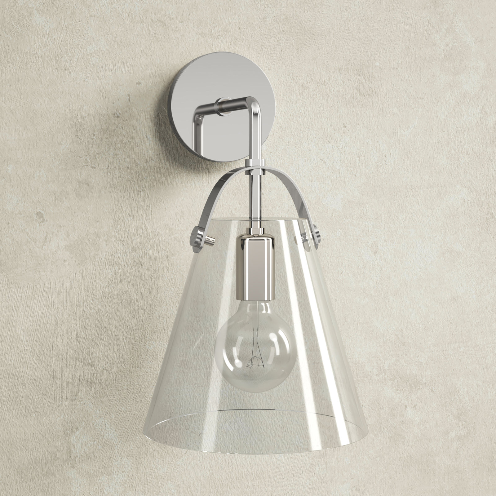 Single Light Glass Dimmable Armed Sconce, Polished Nickel