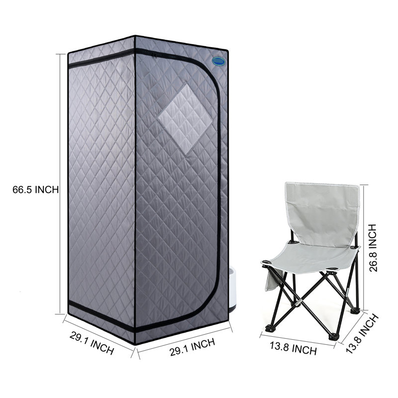 Full Size Portable Tent - Home Spa Comfort Area. Grey. 2.2L Steam Generator. 150F Max Temperature. . Remote Controlled With Timer. Foldable Chair Included. Waterproof Fabric. Easy To Assemble And