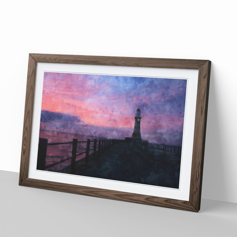 Lighthouse at Sunset - Picture Frame Graphic Art, Walnut Framed, 27cm H x 36cm W x 2cm D