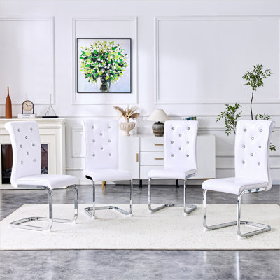 Chaises d'appoint de salle à manger rembourrées en similicuir avec boucle en cristal, ensemble de 4, finition blanche, L 16,4 po x l 22,4 po x H 39,6 po