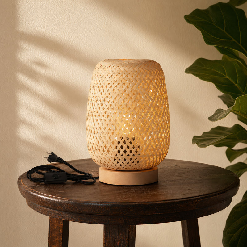 Benvolio Mini Rattan Table Lamp 8.7" H – Small Boho Wicker Accent Lamp with Wood Base for Nightstand, Shelf, Dorm Desk, Cozy Bedside Lighting