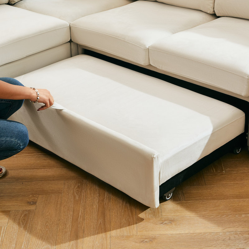 Rafael Armless Pullout Sleeper Sofa Module, Beige Velvet