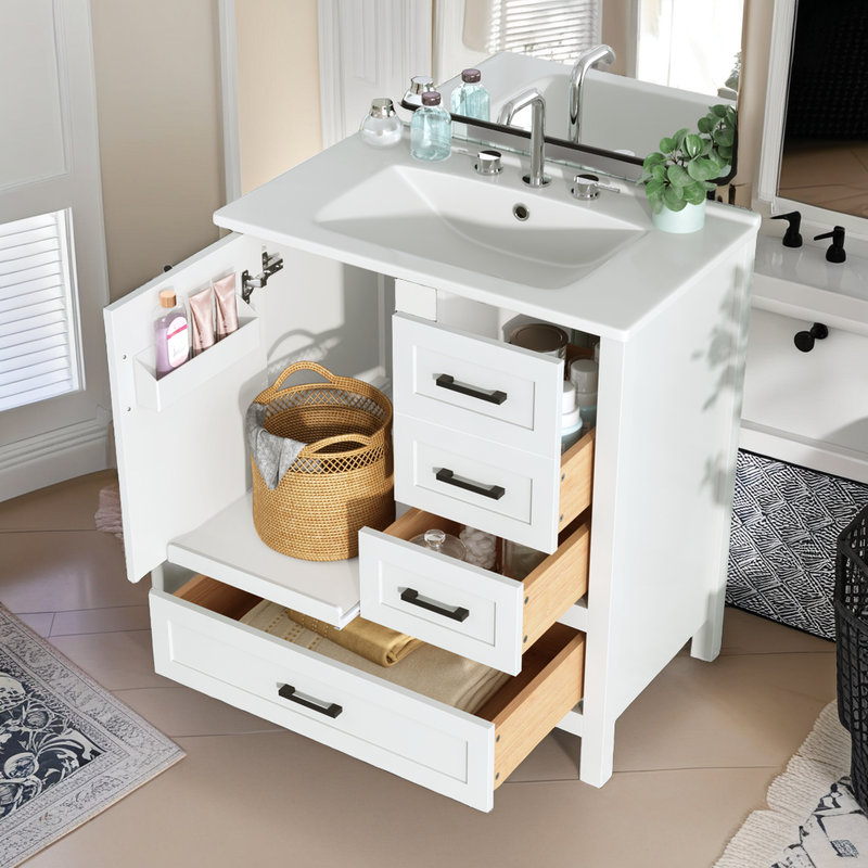 Meuble-lavabo blanc 30 po avec lavabo en céramique, portes à fermeture douce, sans robinet, autoportant
