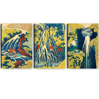 Japan Waterfall 3 Panel by Katsushika Hokusai for Home Office Decorations Giclee Print On Canvas 30x20inch x4pcs (30x80inch)