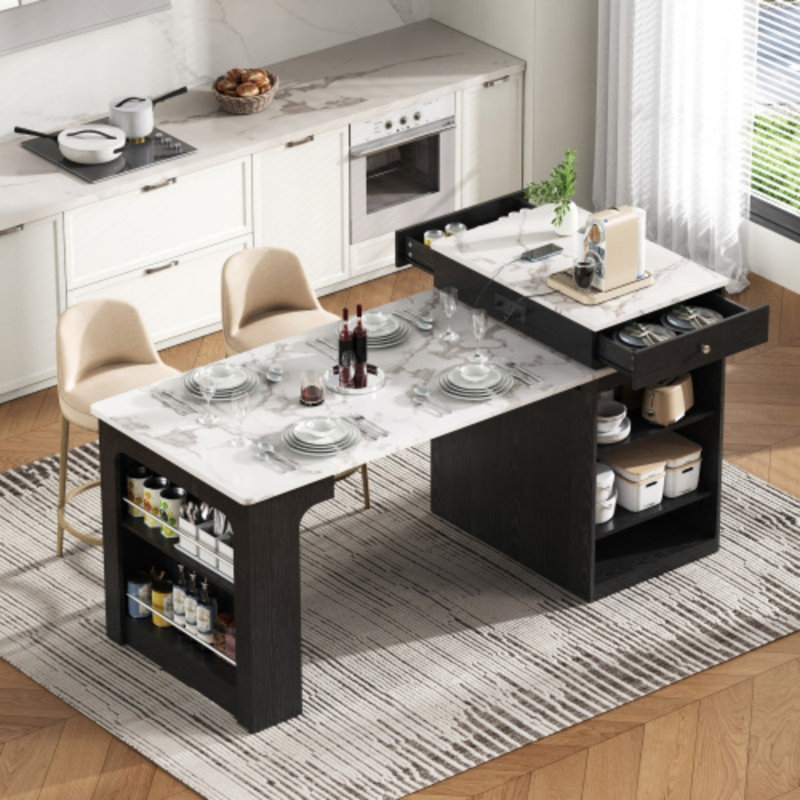 Îlot de cuisine 59,5 po avec table de salle à manger extensible, 2 tiroirs, prise de courant, rangement double-face, Noir